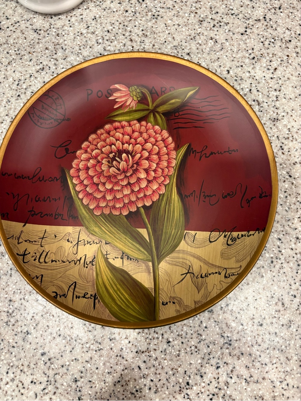 Round Decorative Floral Metal Plate 12 in Red/Gold Rim Green Beige Accents